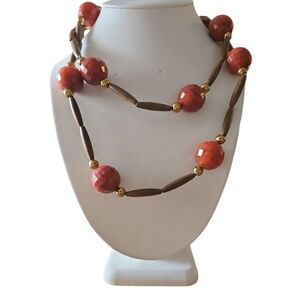 Orange Rust Lucite, Brown Wooden Beaded Necklace, Gold tone, Vintage, 40”